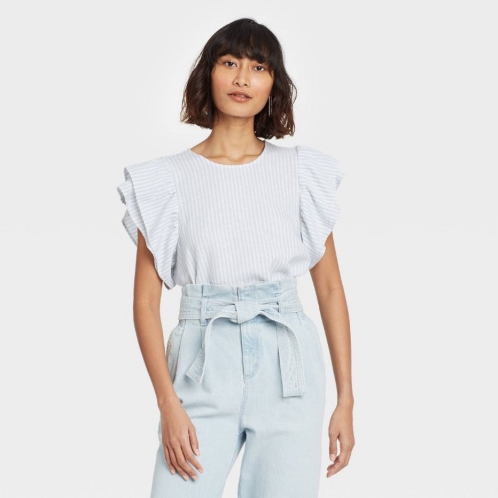 a new day short sleeve striped ruffle linen top